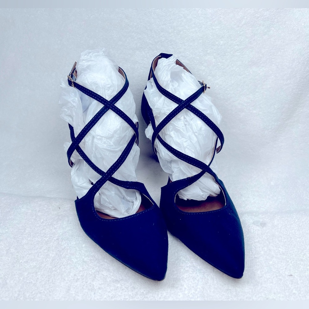 C Comfort Navy blue suede strappy 3 + inch heel, size 10